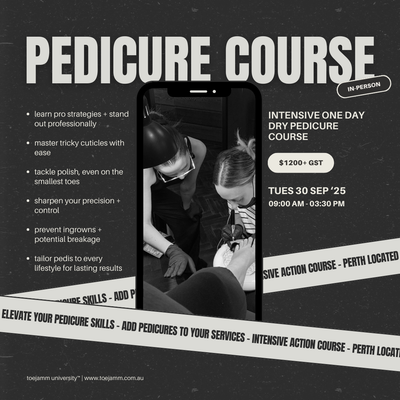 Advertisement for a pedicure course with text and a phone screen showing a person receiving a pedicure.