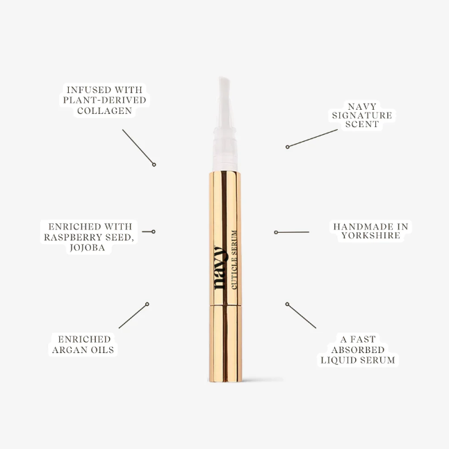 Navy Professionals Gold Cuticle Serum Twist Brush Pen with text detailing its features on a white background